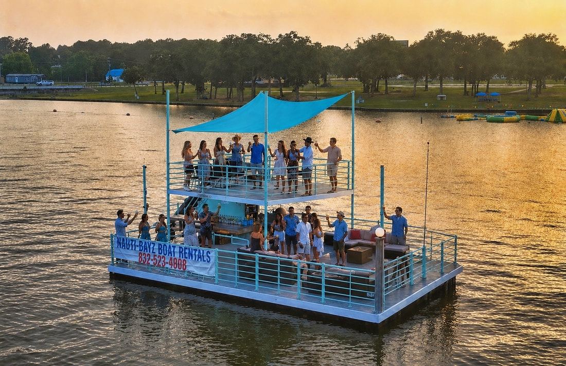 H2O Barge from Nauti-Dayz Boat Rentals on Lake Conroe, great for relaxing cruises, family gatherings, and lakefront adventures in Montgomery, Texas